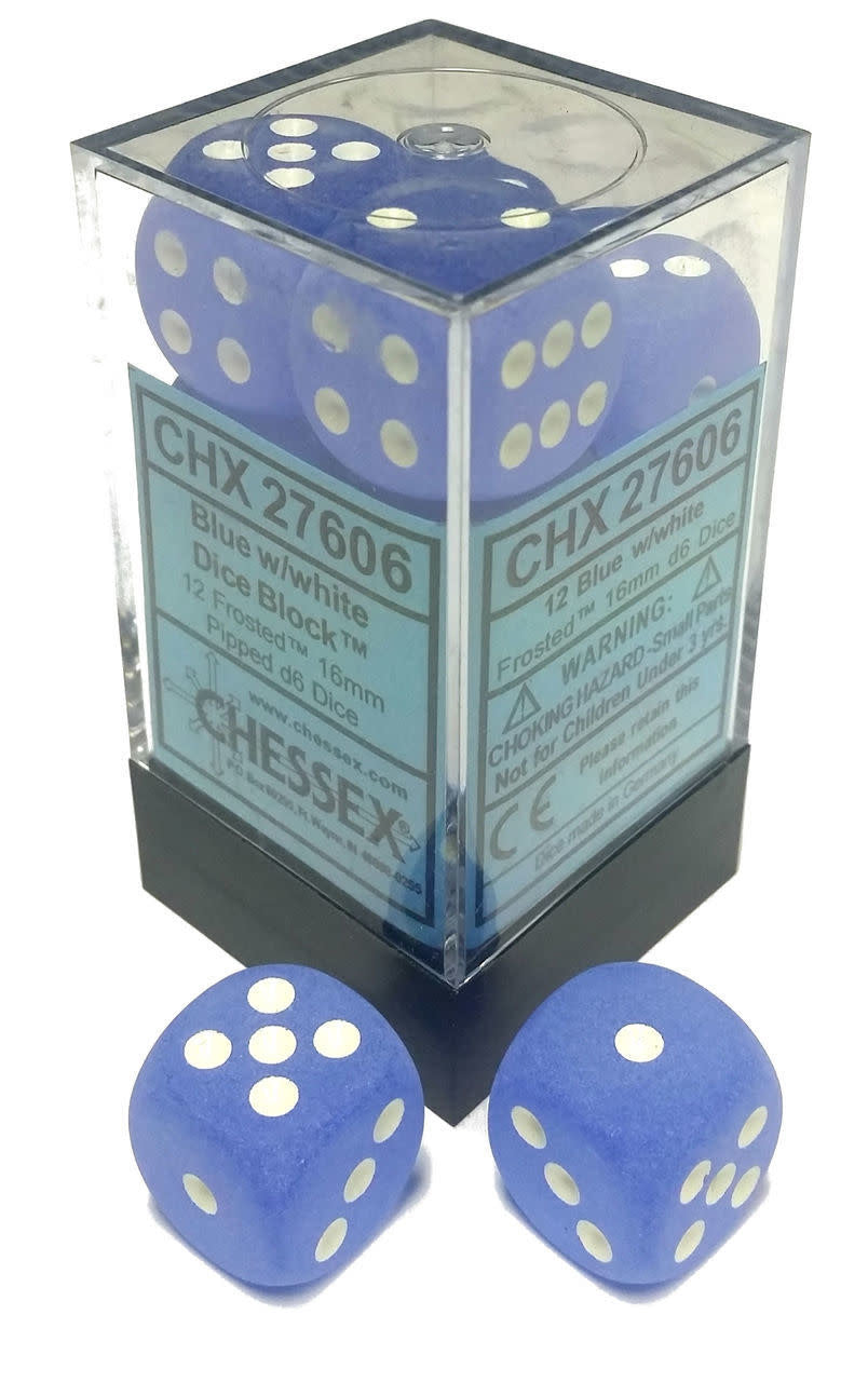 A clear plastic block holds 12 frosted blue dice with white pips, with two identical dice resting in front