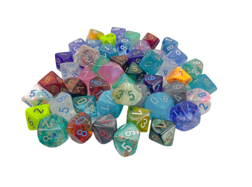 Assorted polyhedral dice set featuring a mix of D10s and other shapes in various translucent and opaque colours ideal for tabletop gaming