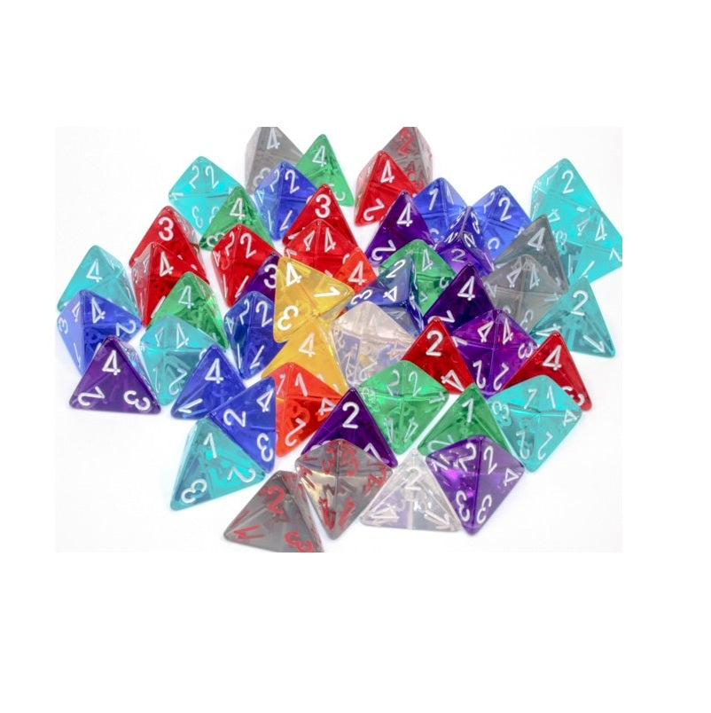 A colorful pile of translucent d4 dice in various colors, showing numbers 1-4.