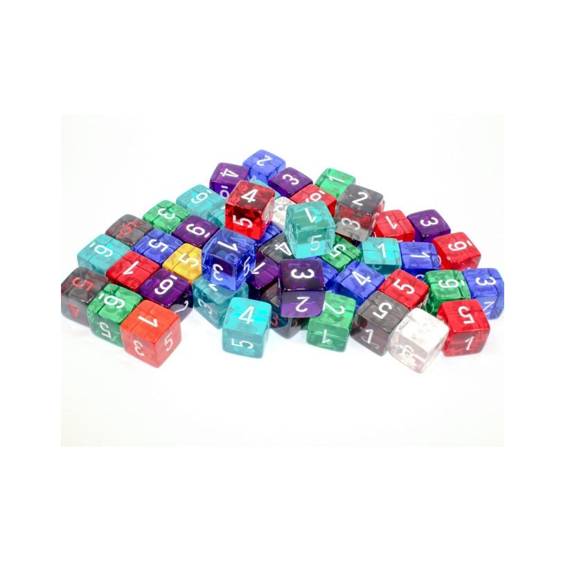 Pile of colorful, transparent six-sided dice, showing numbers 1-6.