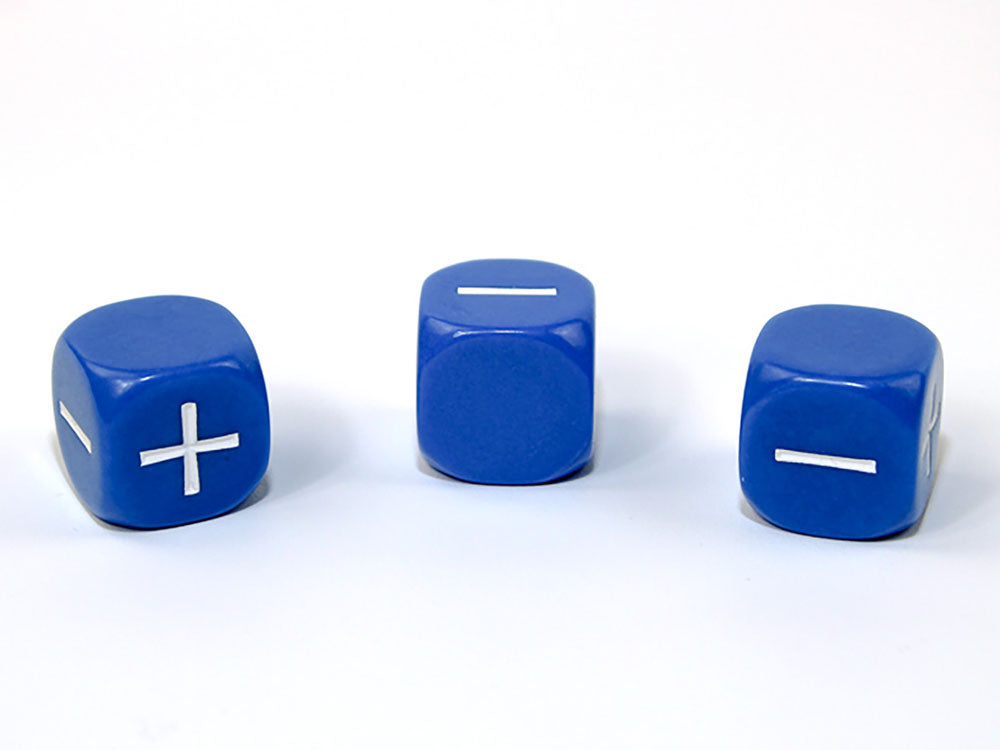 Three blue fudge dice: one shows plus and minus, two show only minus, on a white background