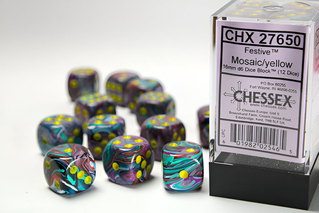 Chessex Festive Mosaic/yellow 12 d6 dice block in clear packaging, with several dice scattered