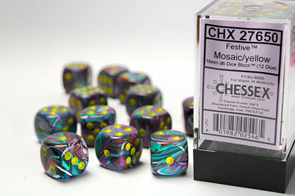 Chessex Festive Mosaic/yellow 12 d6 dice block in clear packaging, with several dice scattered