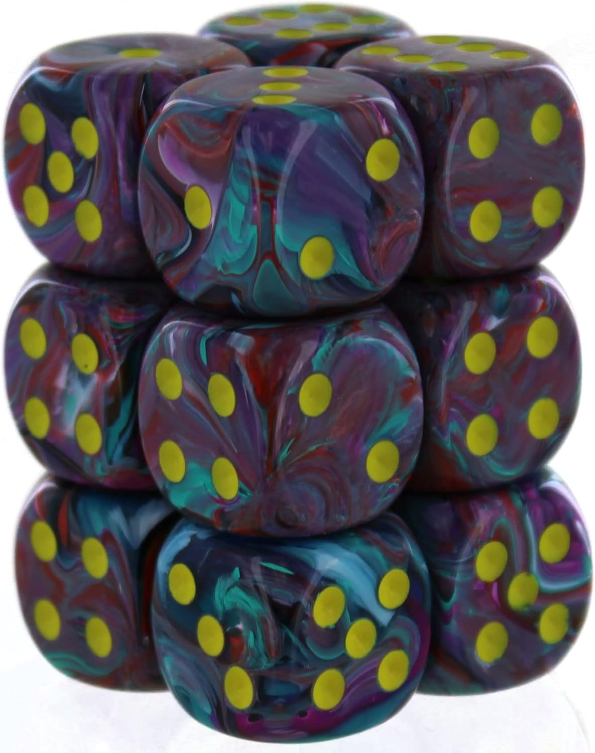 Nine marbled dice, swirled purple, teal, and red, stacked in a cube with yellow pips