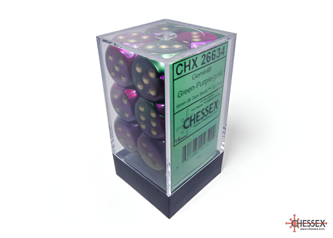 A clear block of 12 Chessex Gemini green-purple d6 dice with gold pips and a green product label