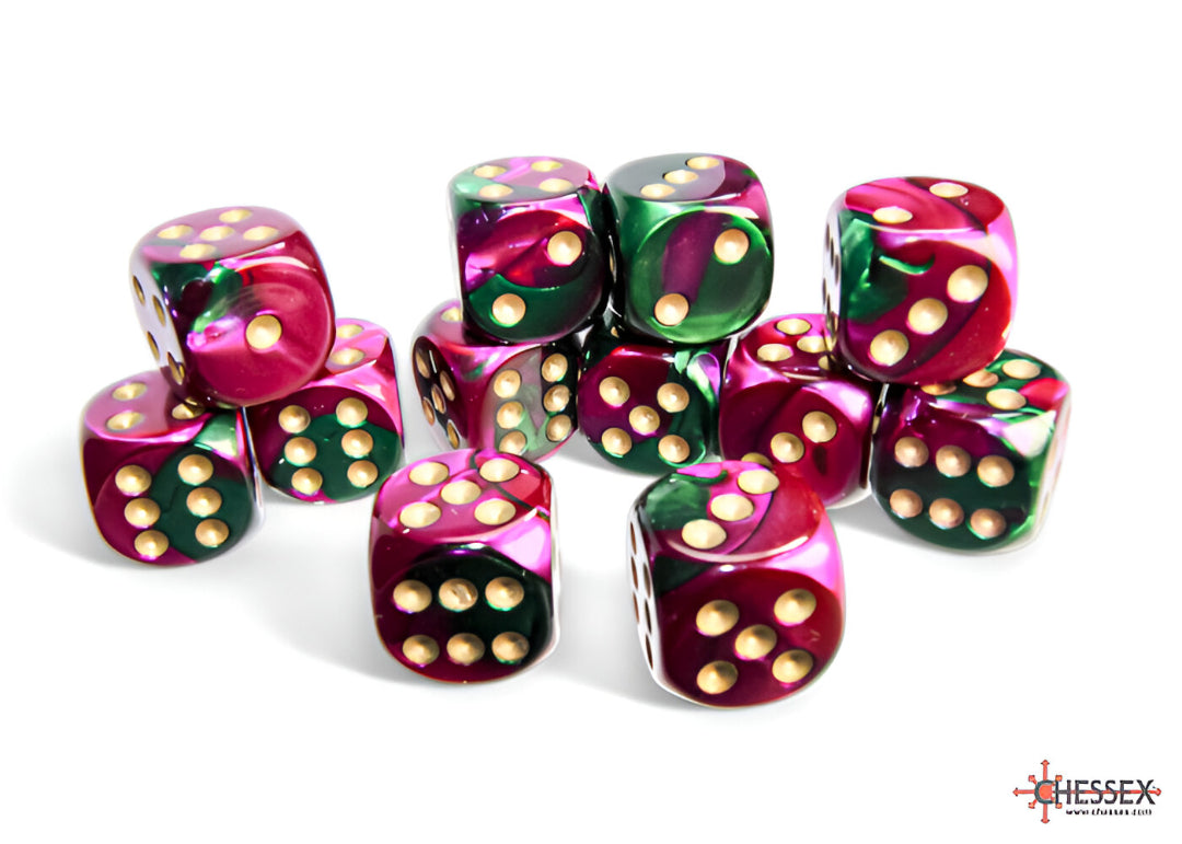A group of green and magenta swirled dice with gold pips scattered on a white background