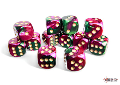 A group of green and magenta swirled dice with gold pips scattered on a white background