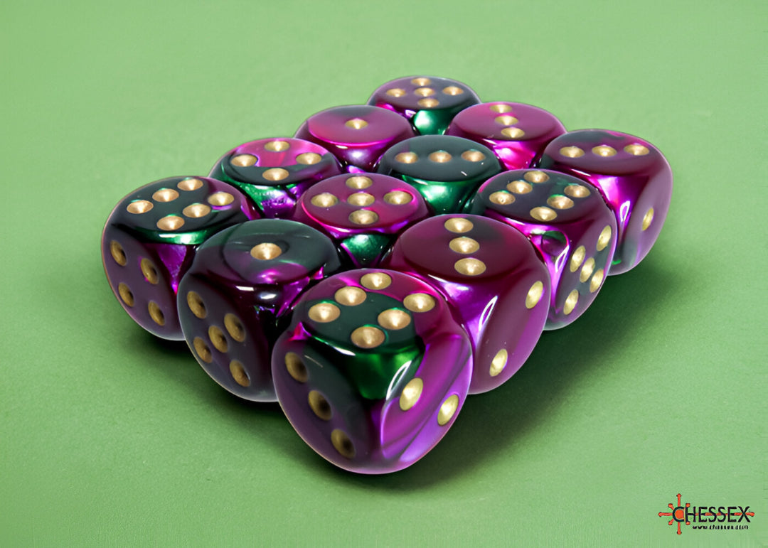 Iridescent purple and green dice with gold pips, stacked in a pyramid on a light green surface