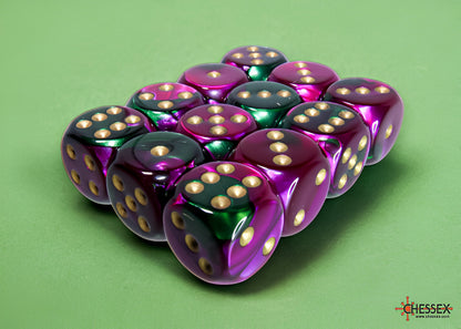 Iridescent purple and green dice with gold pips, stacked in a pyramid on a light green surface
