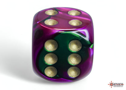 Purple and green swirled die with gold pips, showing 4 on top and 6 on front