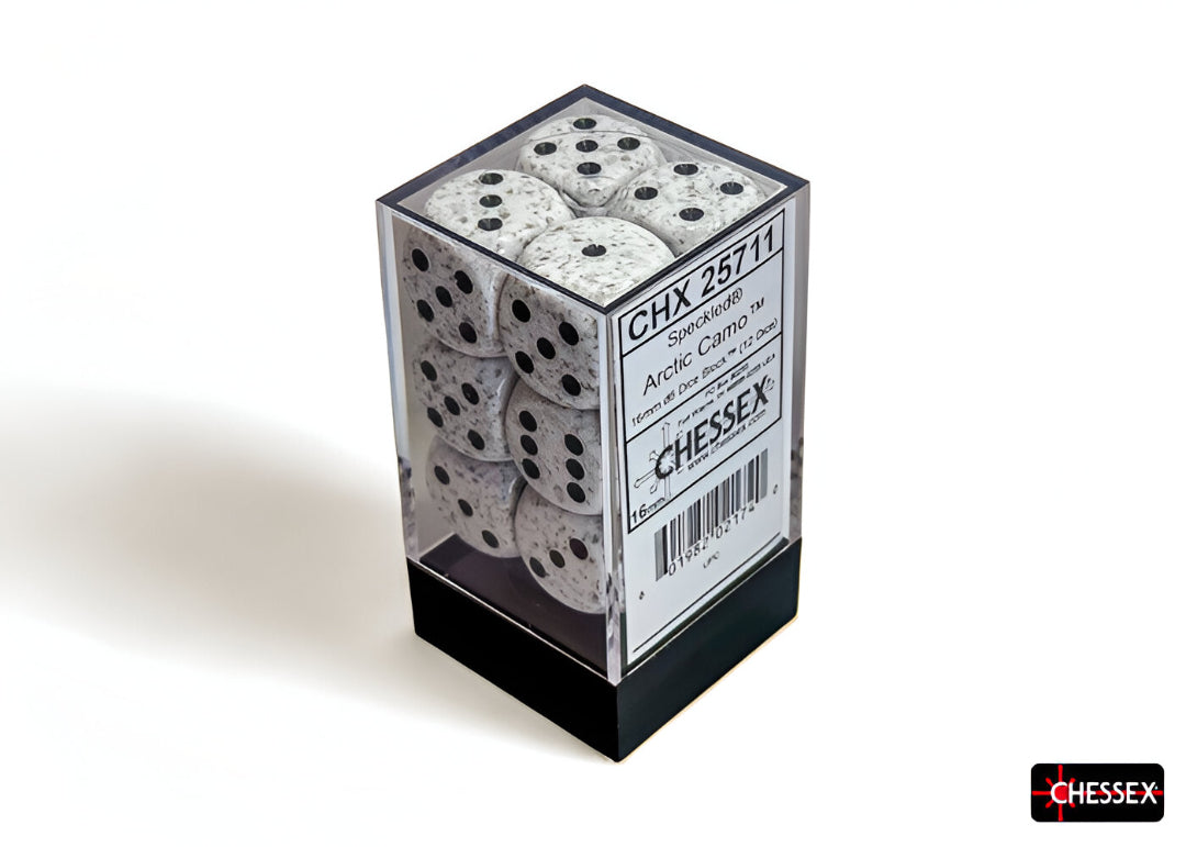 Twelve speckled gray-white "Arctic Camo" dice with black pips, packaged in a clear box with a product label