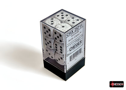 Twelve speckled gray-white "Arctic Camo" dice with black pips, packaged in a clear box with a product label