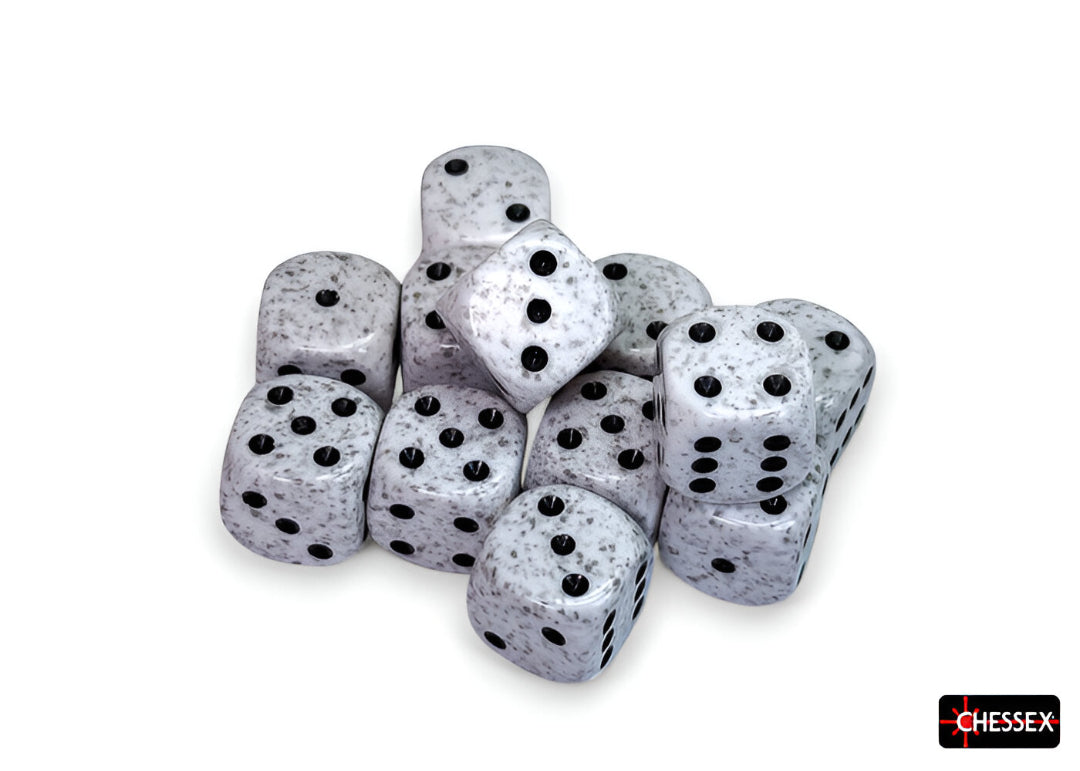 A cluster of white speckled gaming dice with black pips