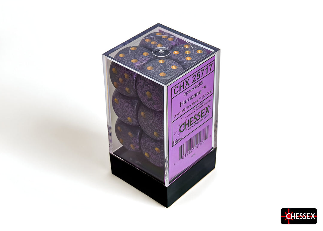 A clear block of 12 Chessex Gemini green-purple d6 dice with gold pips and a green product label