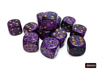 A group of green and magenta swirled dice with gold pips scattered on a white background