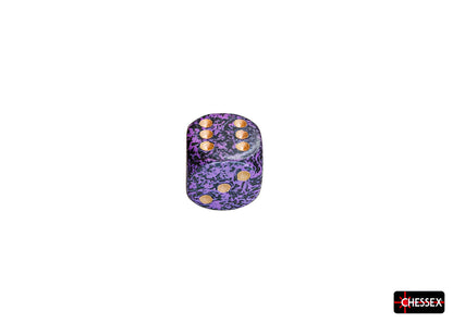 Purple and green swirled die with gold pips, showing 4 on top and 6 on front