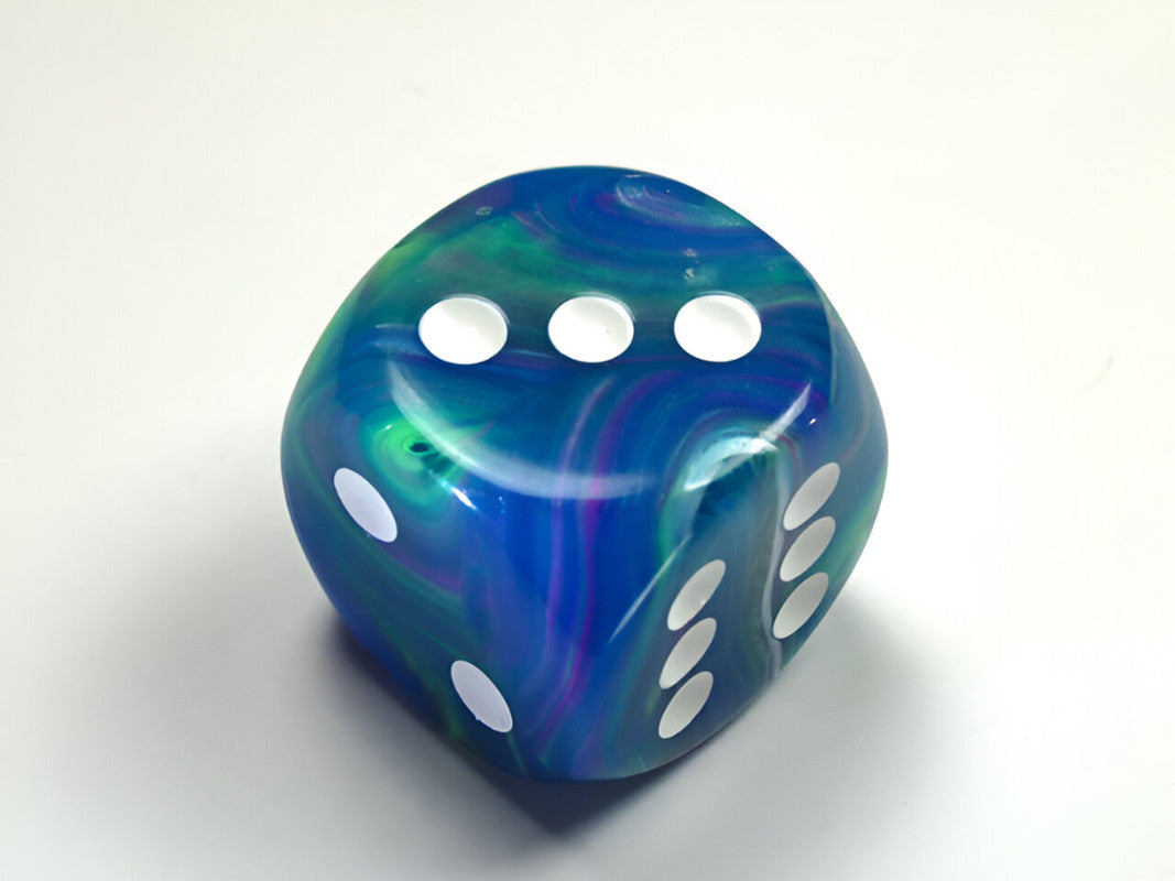 Marbled blue-green-purple die showing 3, 2, and 5 pips on its faces, against a white background