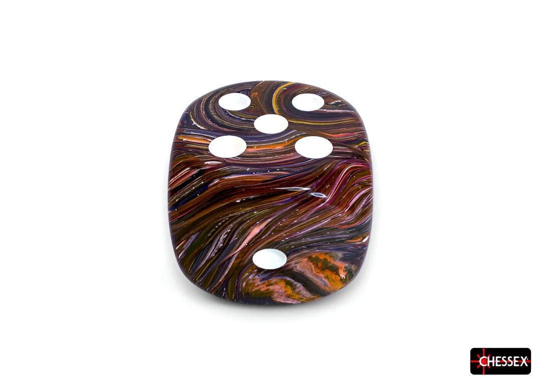 Oval, marbled brown, orange, and purple die with 6 white pips