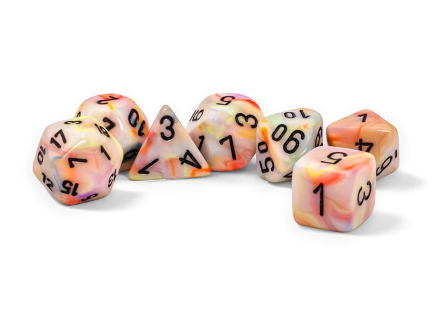 A complete set of swirled pastel polyhedral dice with black numbers, scattered on a white background