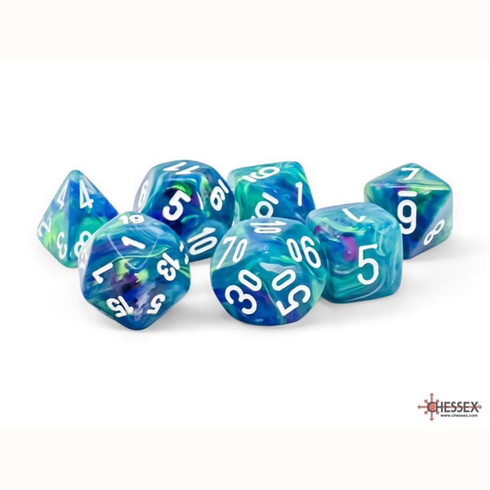 Marbled blue, green and purple polyhedral dice set with white numbers