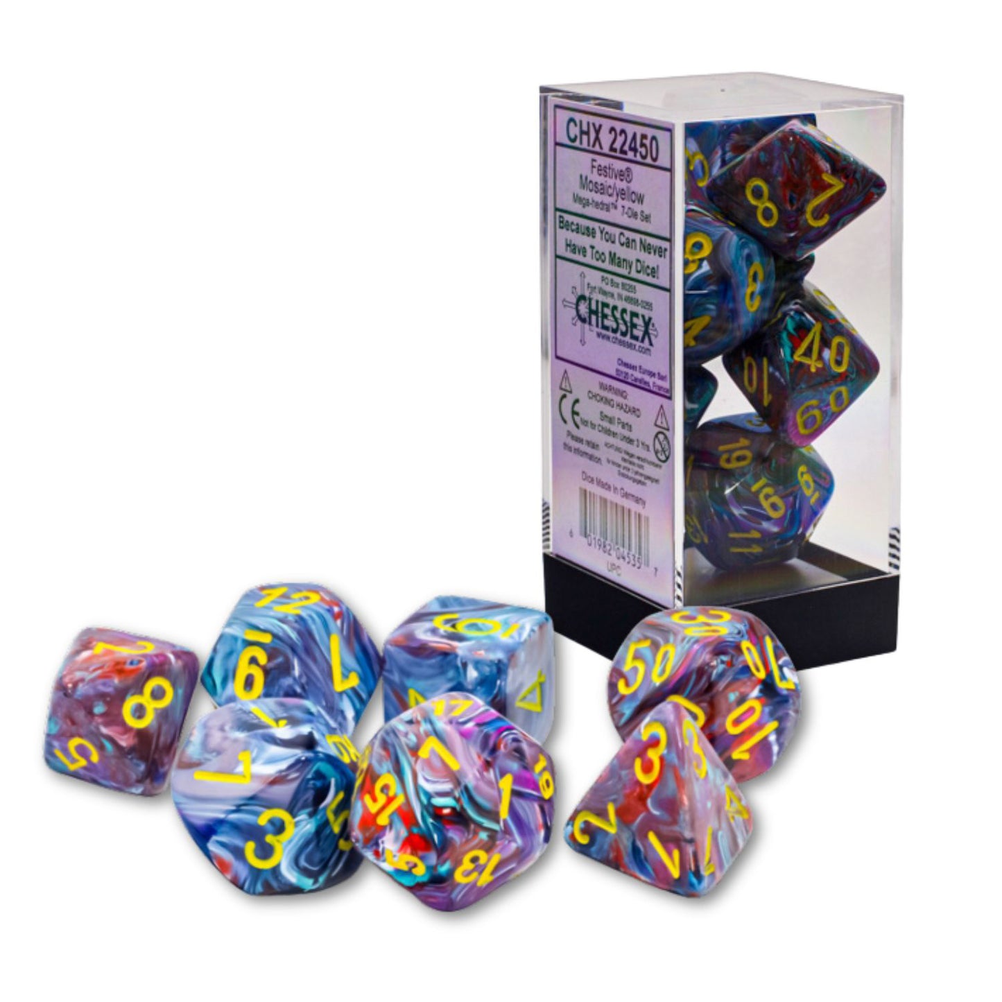 Festive Mosaic polyhedral dice, swirled blue, purple, red, and yellow numbers