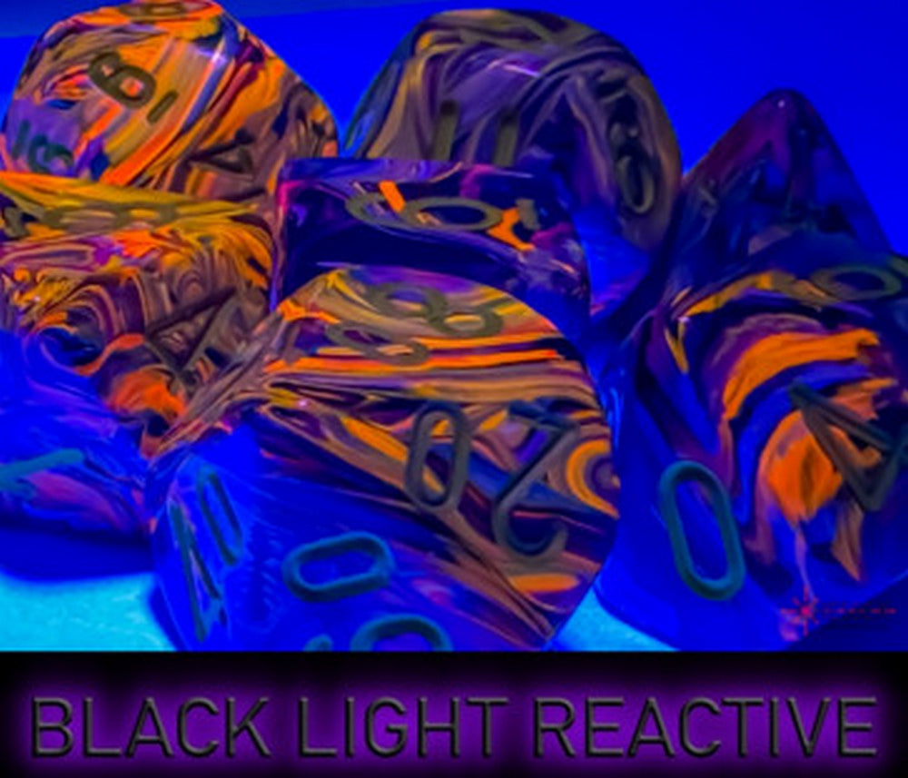 Vibrant, swirled purple, orange, and yellow polyhedral dice glowing under black light