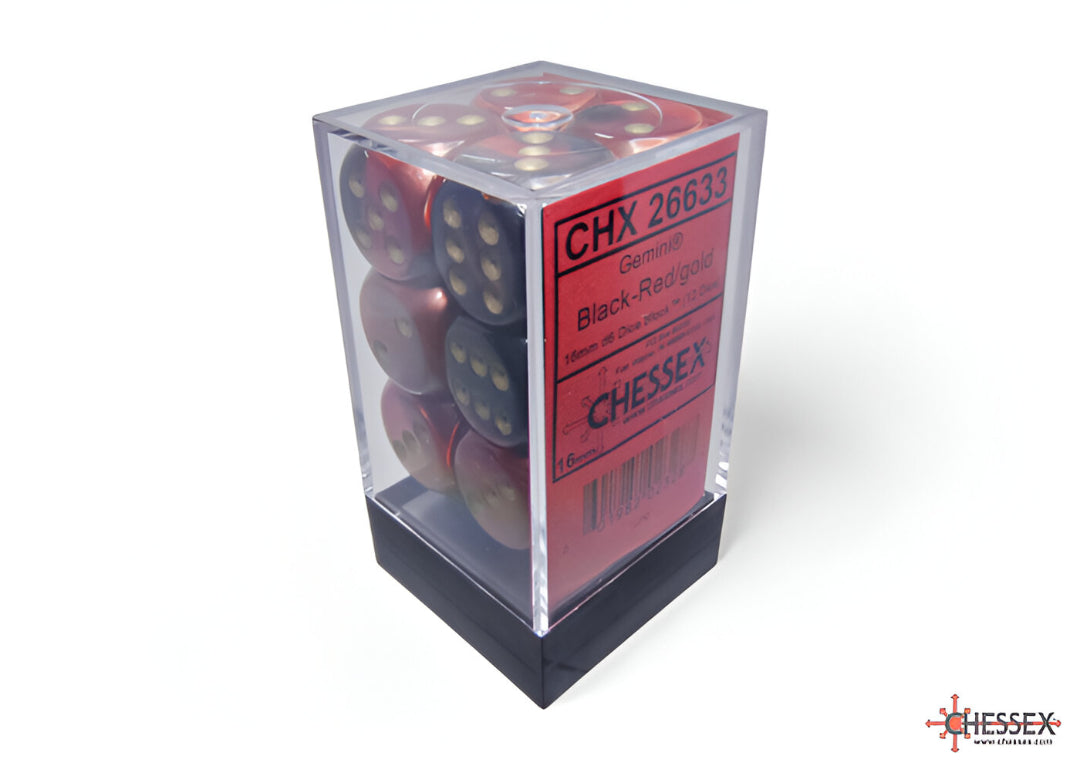 A clear container of Chessex Gemini 12 black-red/gold Chessex 16mm d6 dice with gold pips