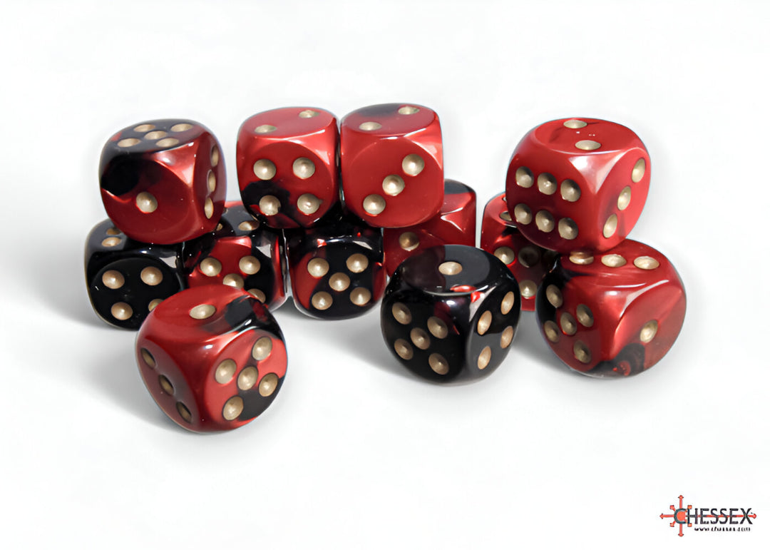 A group of red and black marbled dice with cream pips scattered on a white surface