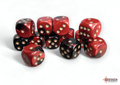 A group of red and black marbled dice with cream pips scattered on a white surface