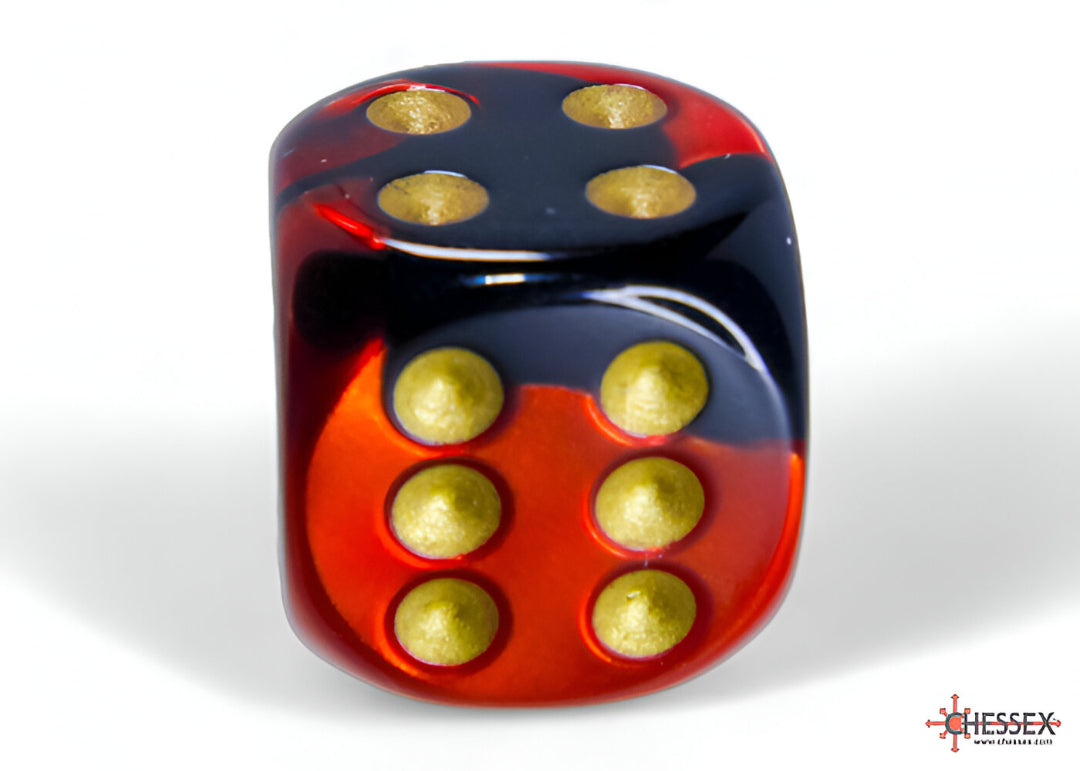 A glossy red and black marbled die shows 4 gold pips on top and 6 on the front