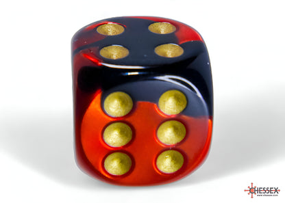 A glossy red and black marbled die shows 4 gold pips on top and 6 on the front