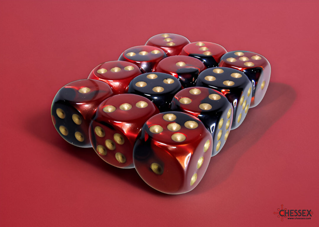 Twelve shiny red and black swirled dice with gold pips, arranged on a solid red background