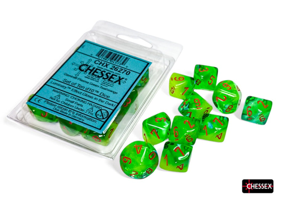 Chessex Gemini Plasma Green-Teal/Orange d10 dice set, a blister pack with a blue label holds some dice, while others are scattered, showing their green marbled effect and red numbers