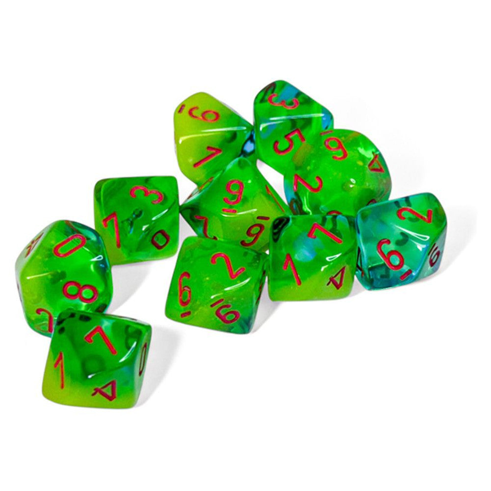 Set of translucent green and blue swirled polyhedral dice with red numbers, scattered on a white background