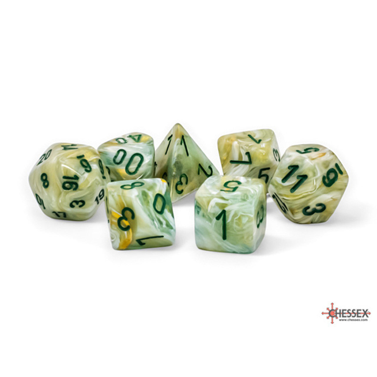 Seven marbled green & yellow polyhedral dice with dark green numbers on a white background