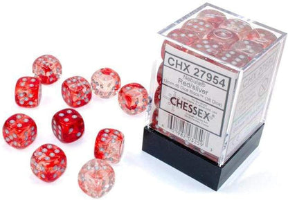 Chessex Nebula Red/Silver 12mm d6 dice block with several matching loose speckled dice scattered