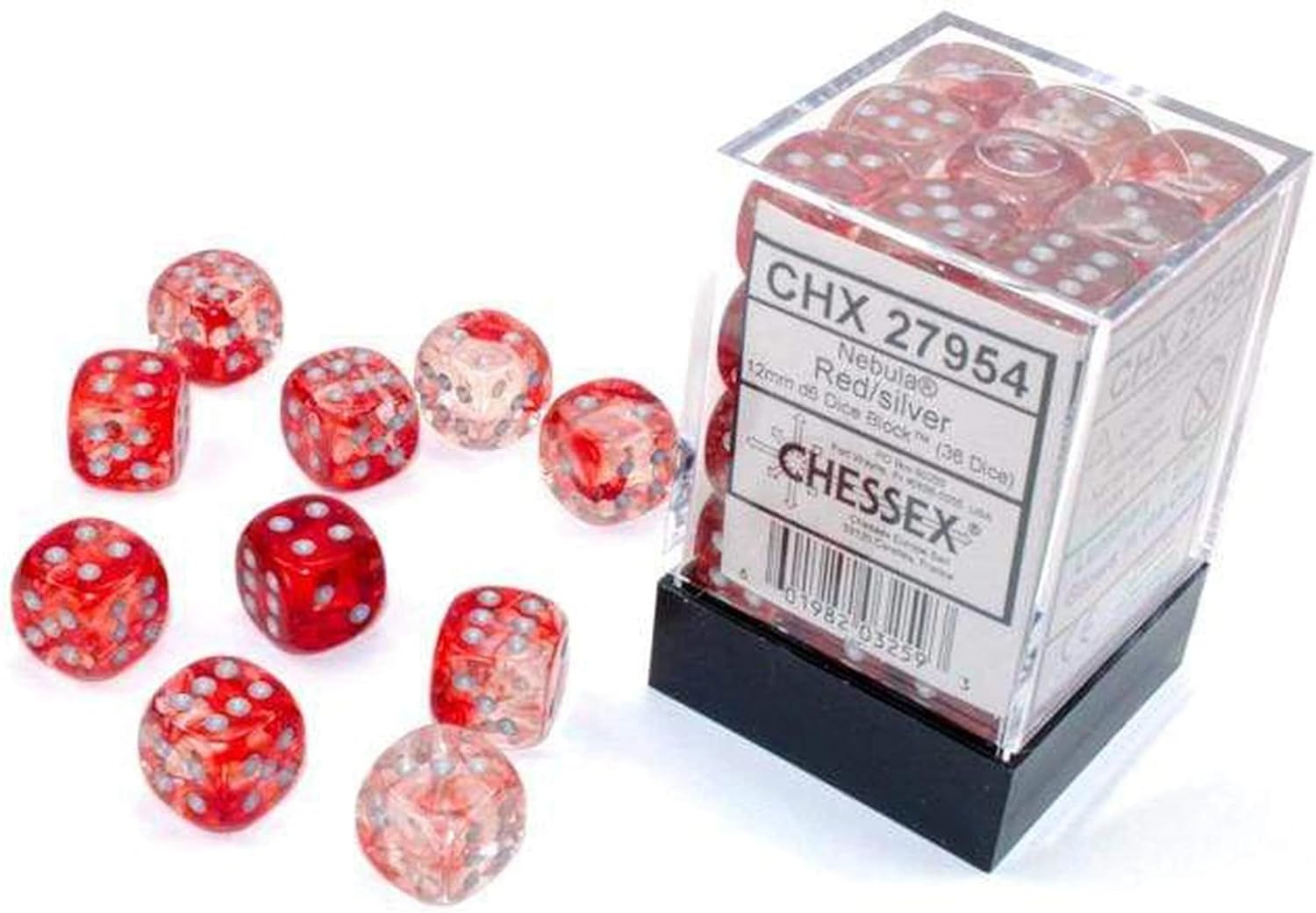 Chessex Nebula Red/Silver 12mm d6 dice block with several matching loose speckled dice scattered