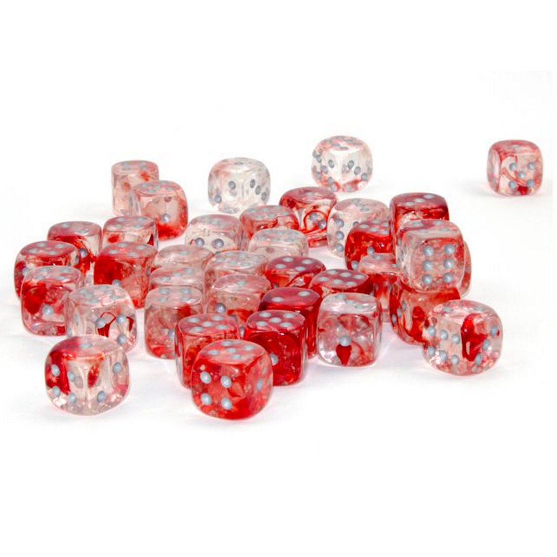 A pile of translucent red-swirl dice with silver pips on a white background