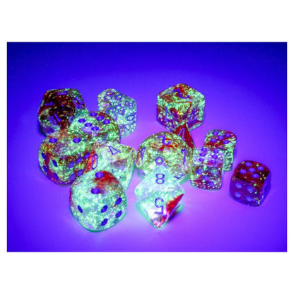 Various fluorescent green dice with red numbers and pips scattered on a purple background