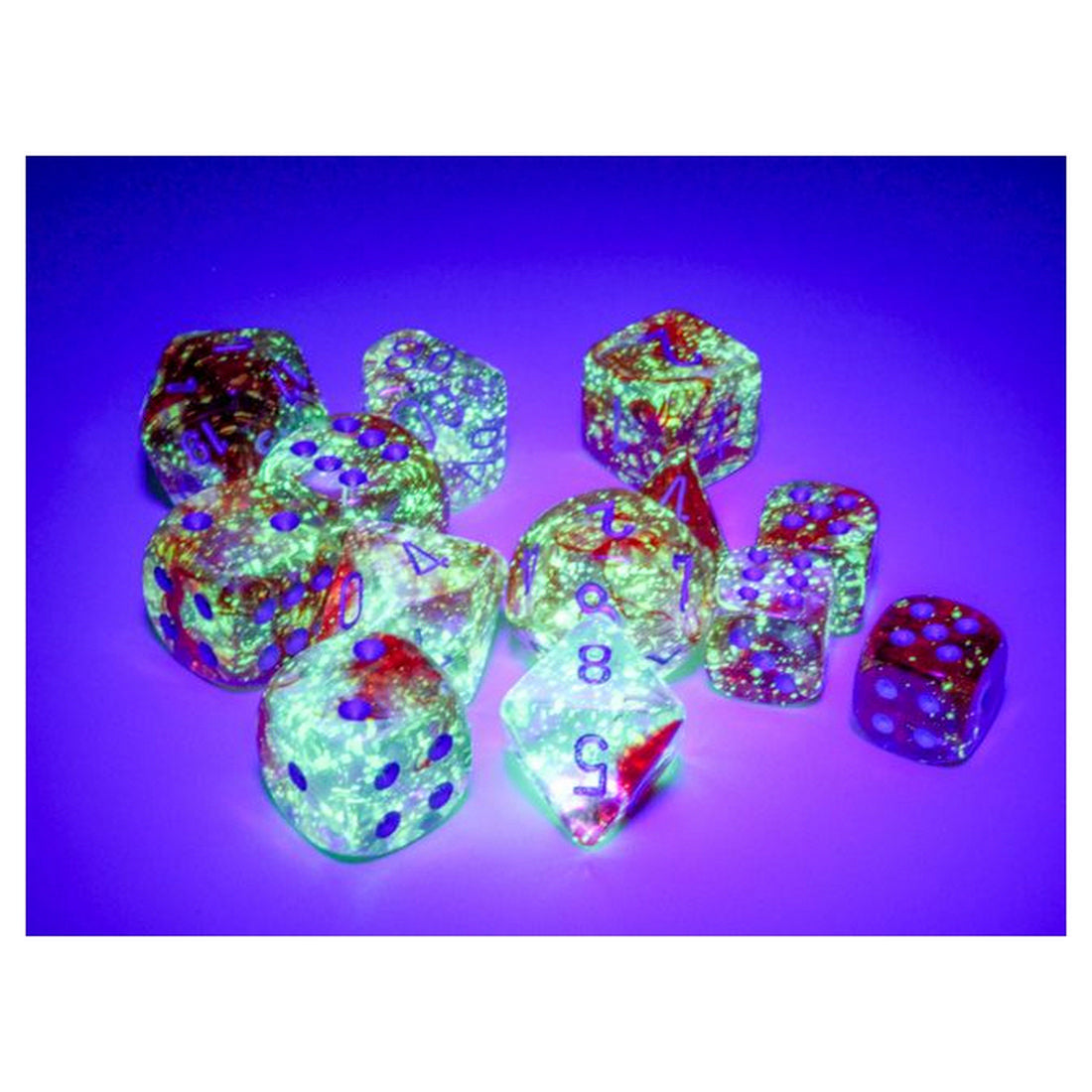 Various fluorescent green dice with red numbers and pips scattered on a purple background