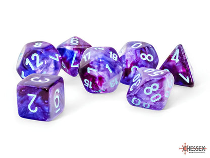 A set of seven swirled purple polyhedral dice with light blue numbers scattered on a white background
