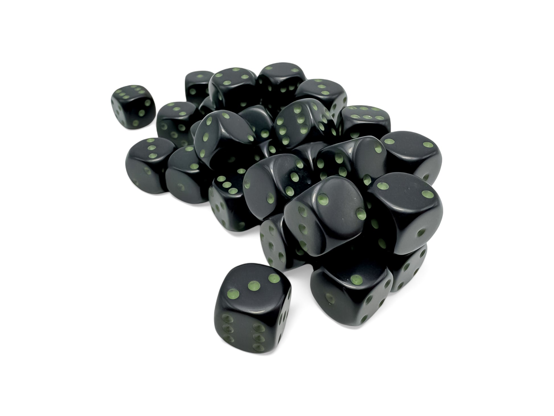 A pile of black dice with green pips scattered on a white background