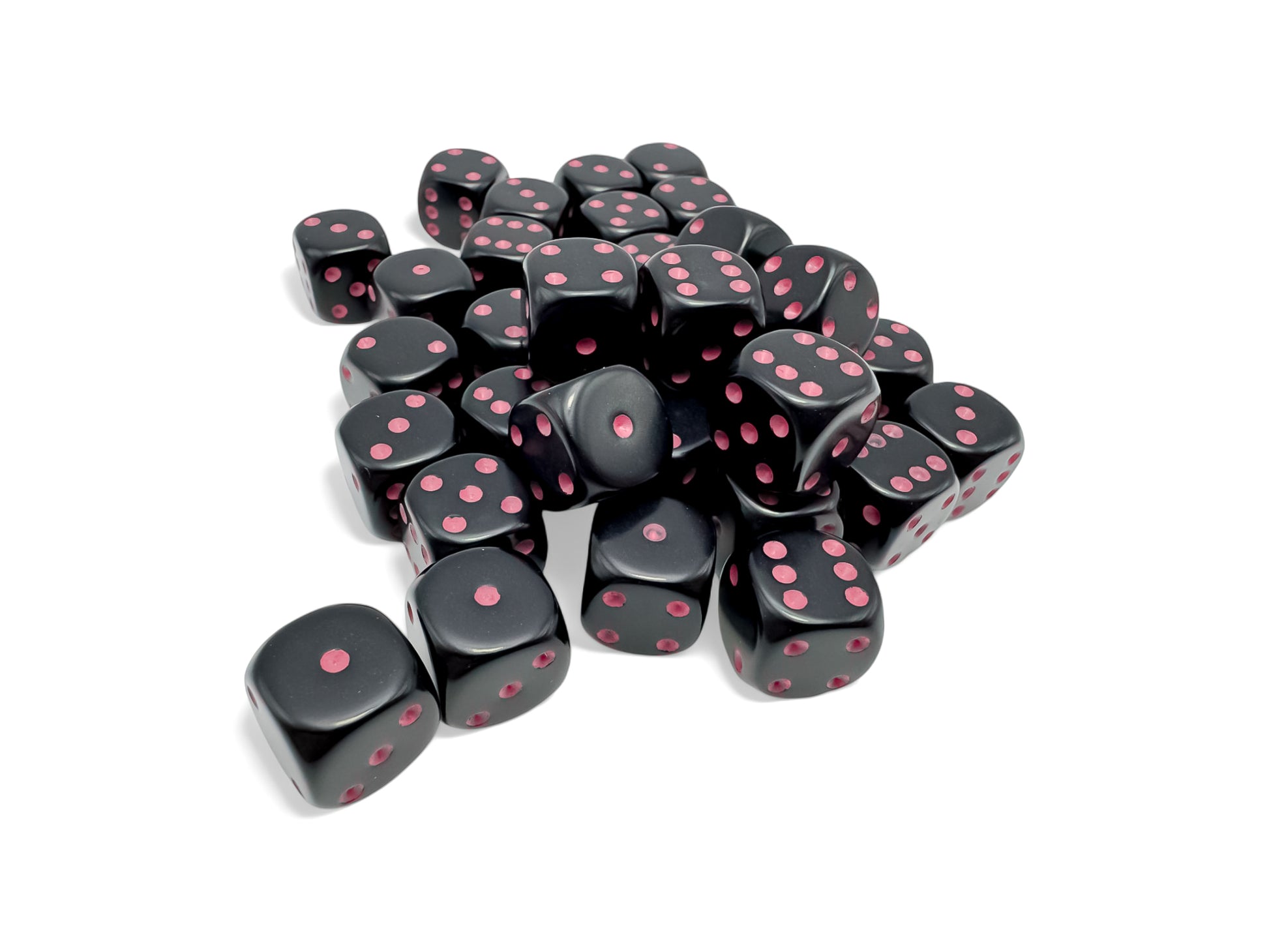A pile of black dice with red pips on a white background