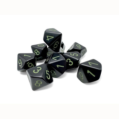 Black ten-sided dice with green numbers, piled on a white background