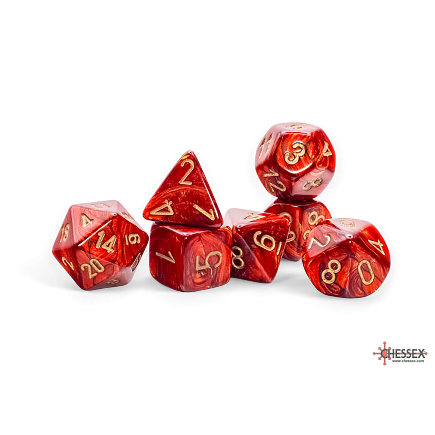 A set of seven marbled red and gold polyhedral dice for tabletop games, scattered on a white background