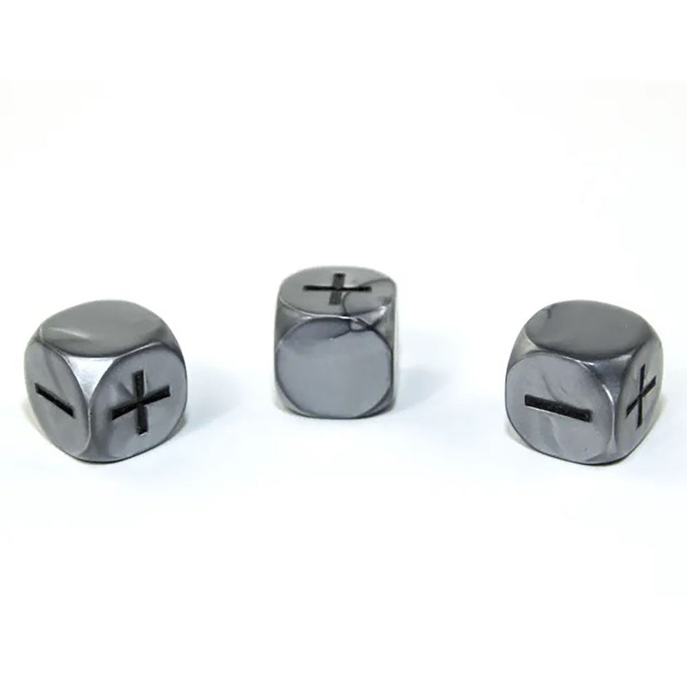 Three silver olympic fudge dice: one shows plus and minus, two show only minus, on a white background