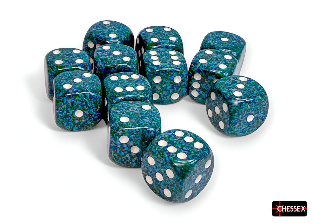 Mottled blue-green dice with white pips are clustered on a white background