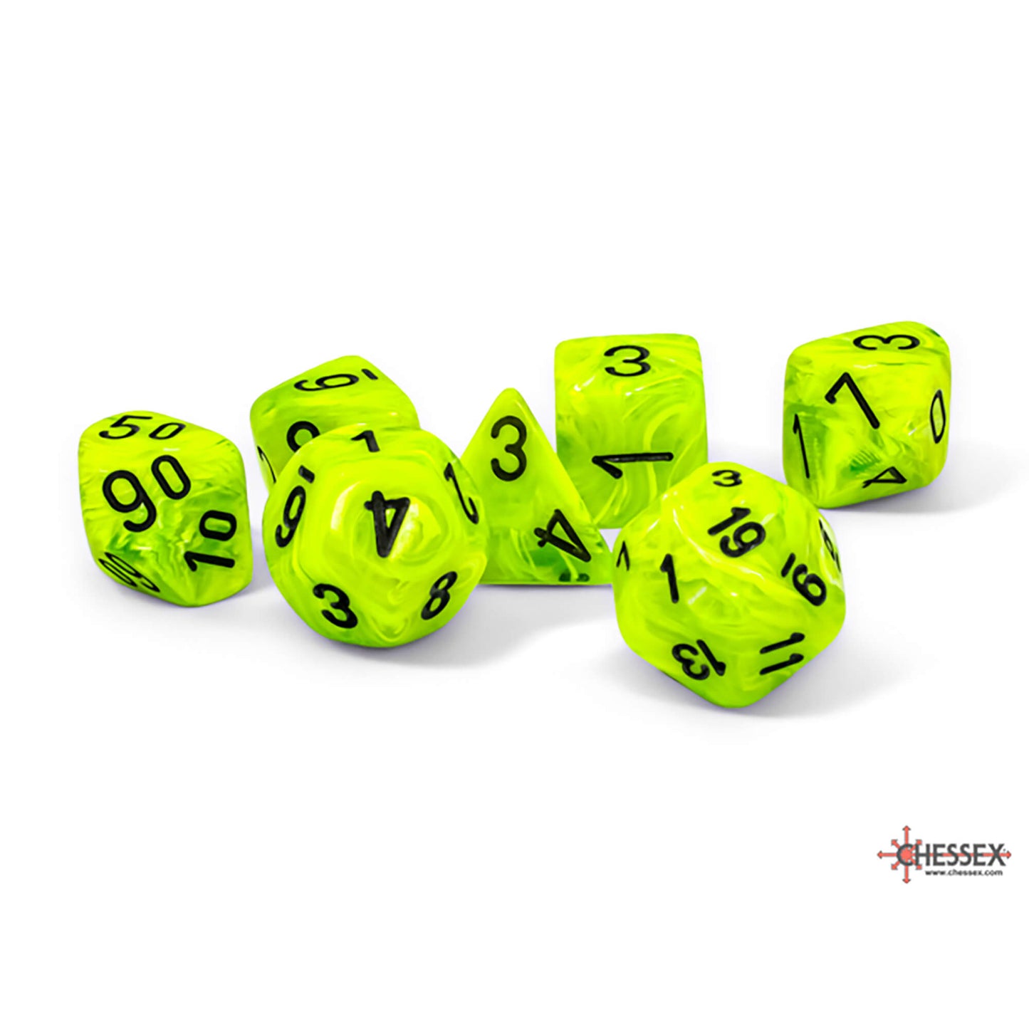 Seven neon green marbled polyhedral dice with black numbers, scattered on a white background