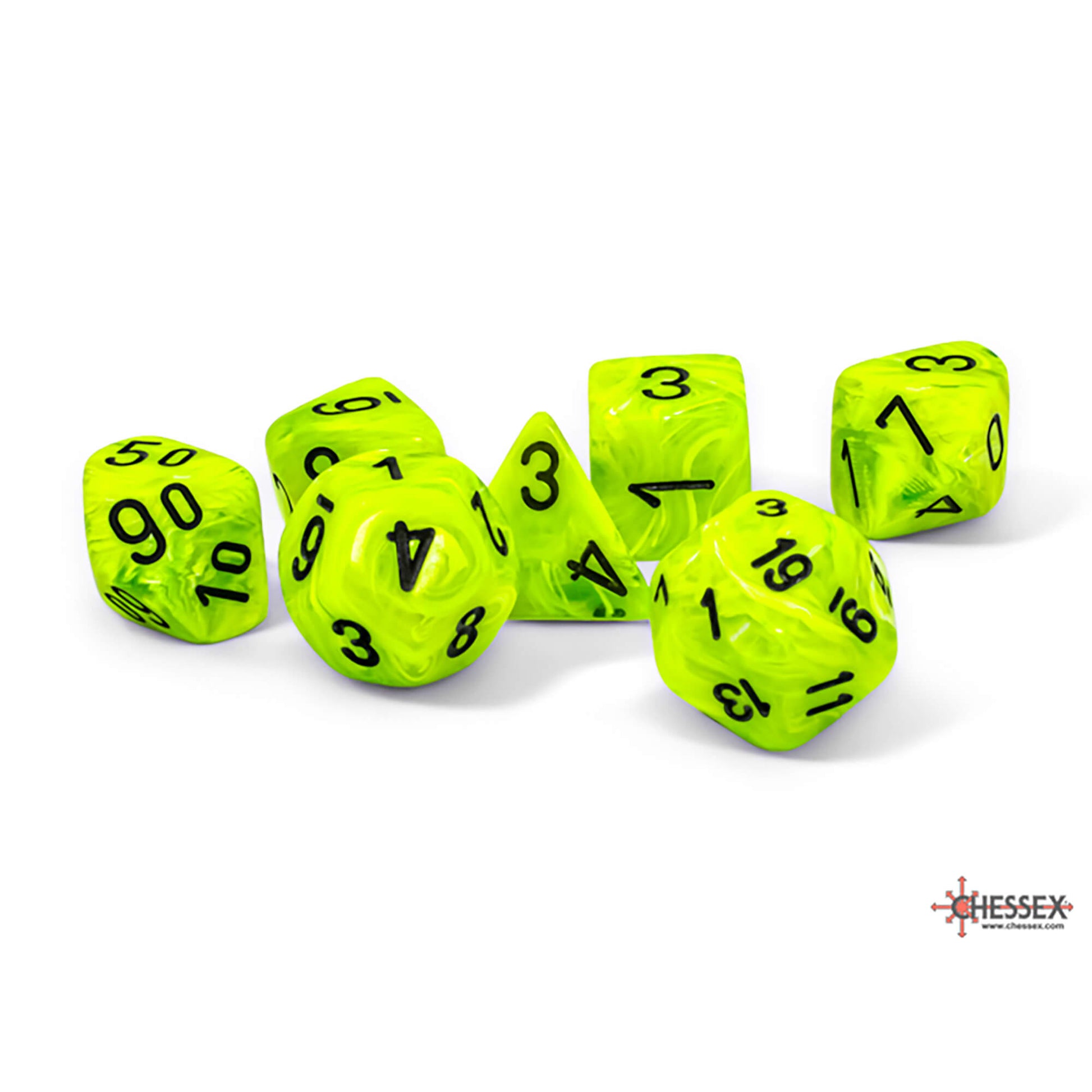 Seven neon green marbled polyhedral dice with black numbers, scattered on a white background