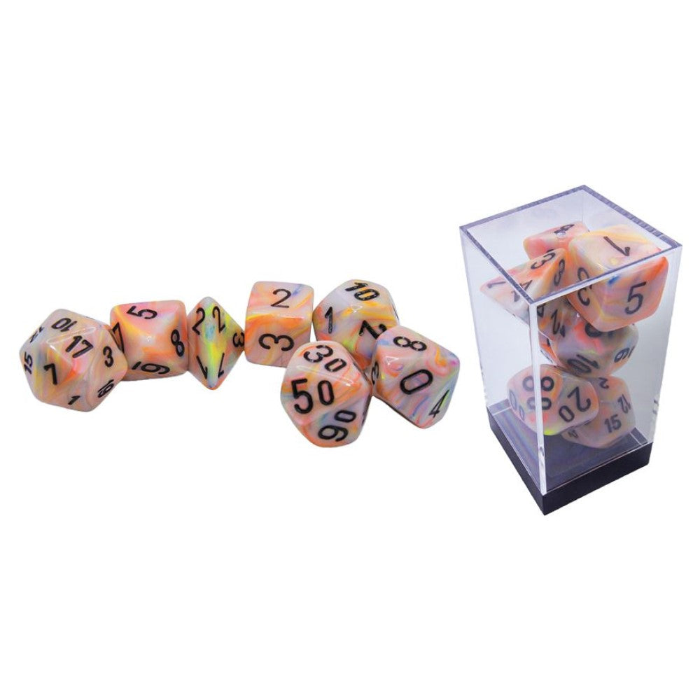 Marbled pastel polyhedral dice set with some dice laid out and others displayed in a clear plastic case